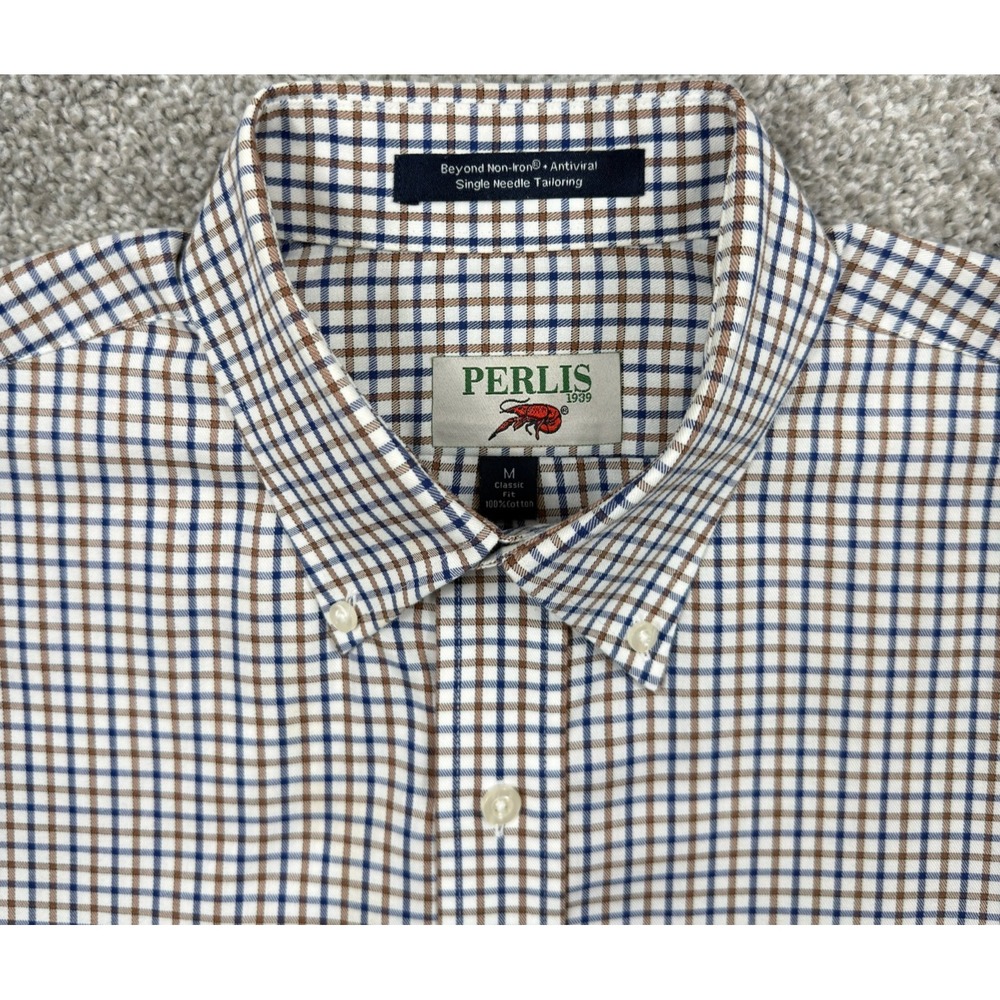 Perlis 1939 Mens M Button Down Shirt Blue Plaid Crawfish Classic Fit Cotton